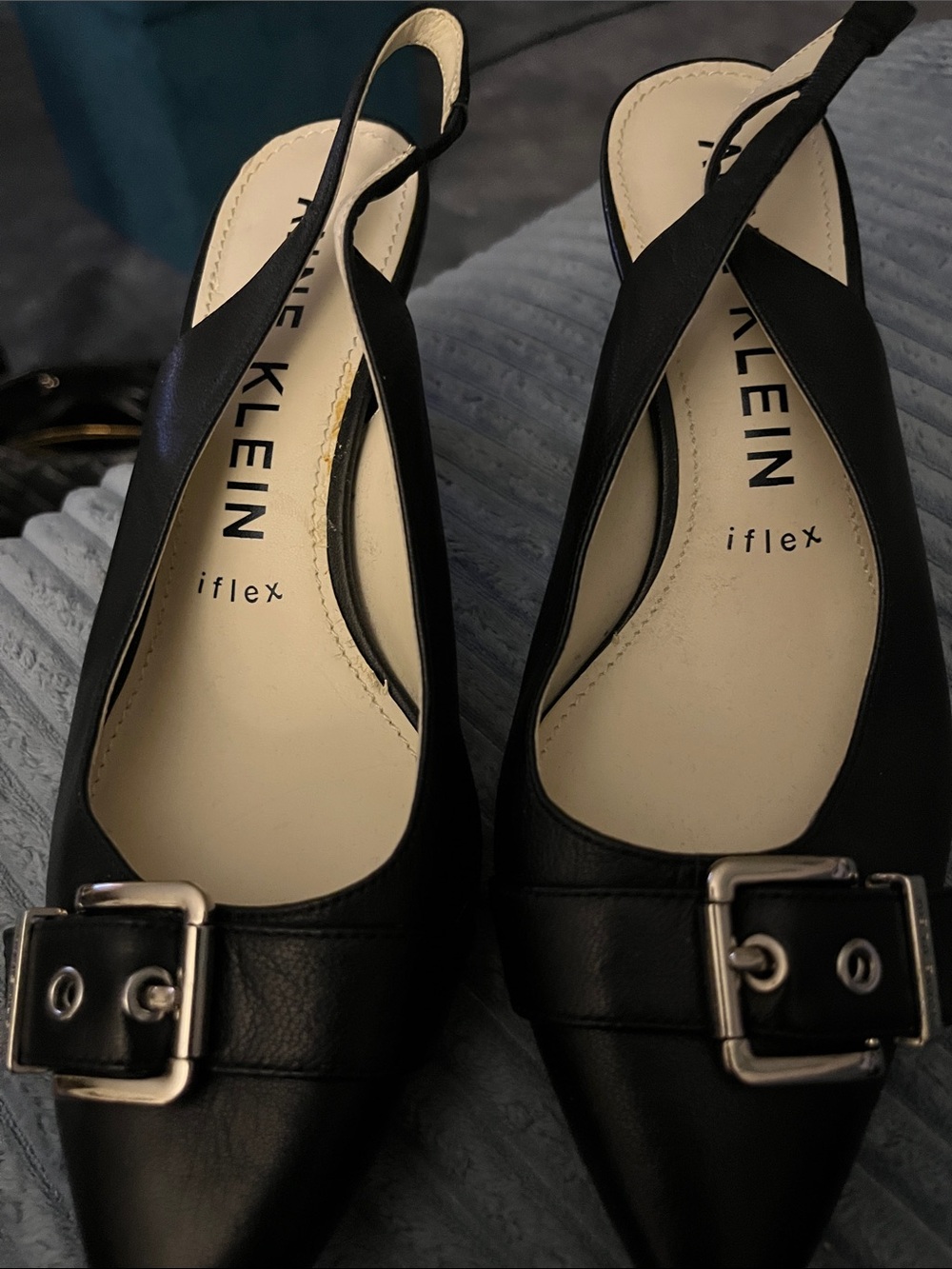 Anne Klein Black Pointed Slingback Heels with Silver Buckle